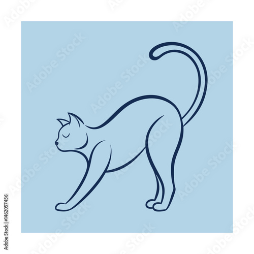 Elegant minimalist line art illustration of a stretching cat in a soothing blue color