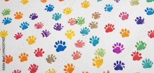 Obraz na płótnie Multicolored playful paw prints on white background , pet, dog paw, vibrant w salonie