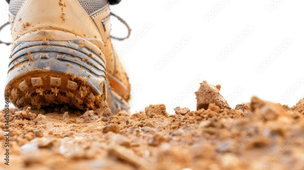 Obraz premium Close-Up of Hiking Boot in Muddy Terrain with Dusty Ground and Outdoor Adventure Atmosphere