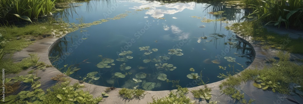 Intricate aquatic plant footprint design in a tranquil pool reflecting sky, aquatic, leaves, flora