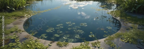 Obraz na płótnie Intricate aquatic plant footprint design in a tranquil pool reflecting sky, aquatic, leaves, flora w salonie