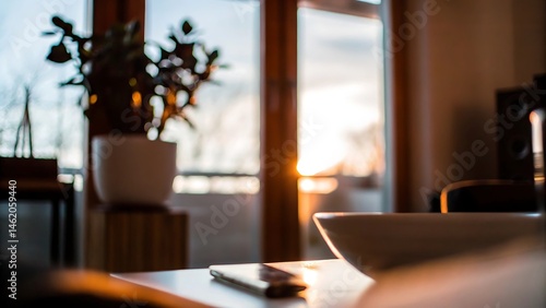 Wallpaper Mural Cozy table setting with golden sunset reflection and warm blurred indoor atmosphere Torontodigital.ca