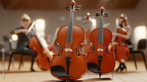 Wooden string instruments in a performance hall.