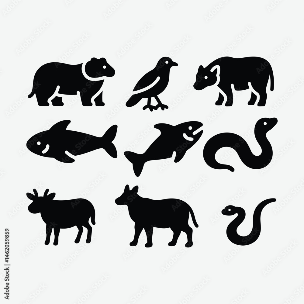 Fototapeta premium Explore a collection of simple animal line drawings with black outlines on a white background. Includes diverse species, wildlife icons, pets, marine life, and editable vector graphics.