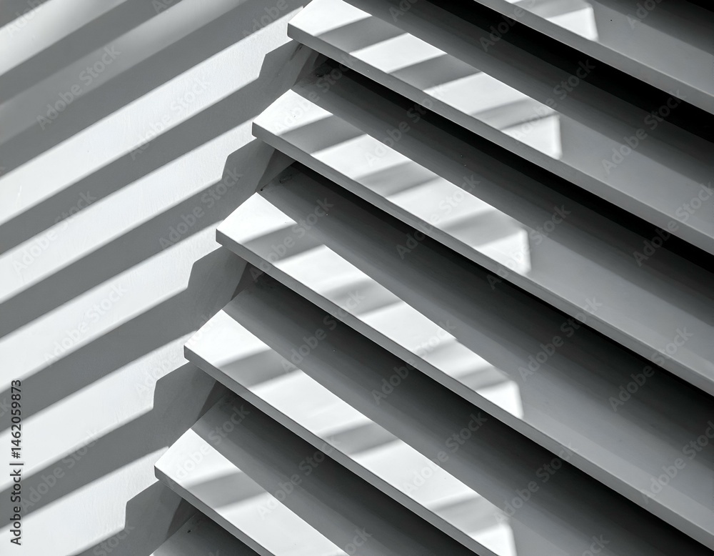 Obraz premium Abstract image of white slats with contrasting shadows, creating a modern geometric design. Perfect for backgrounds or textures.