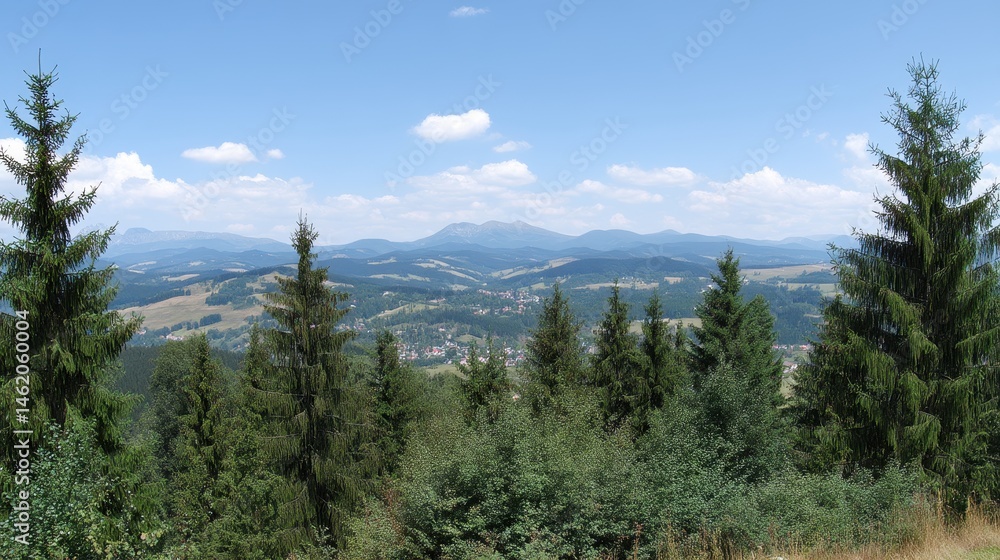 Fototapeta premium Expansive Mountain View with Evergreen Forest and Clear Blue Sky in Bright Daylight