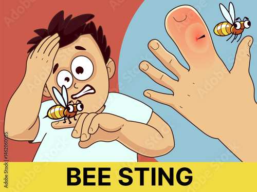 Bee sting. Healthcare illustration. Cartoon illustration. Vector illustration.