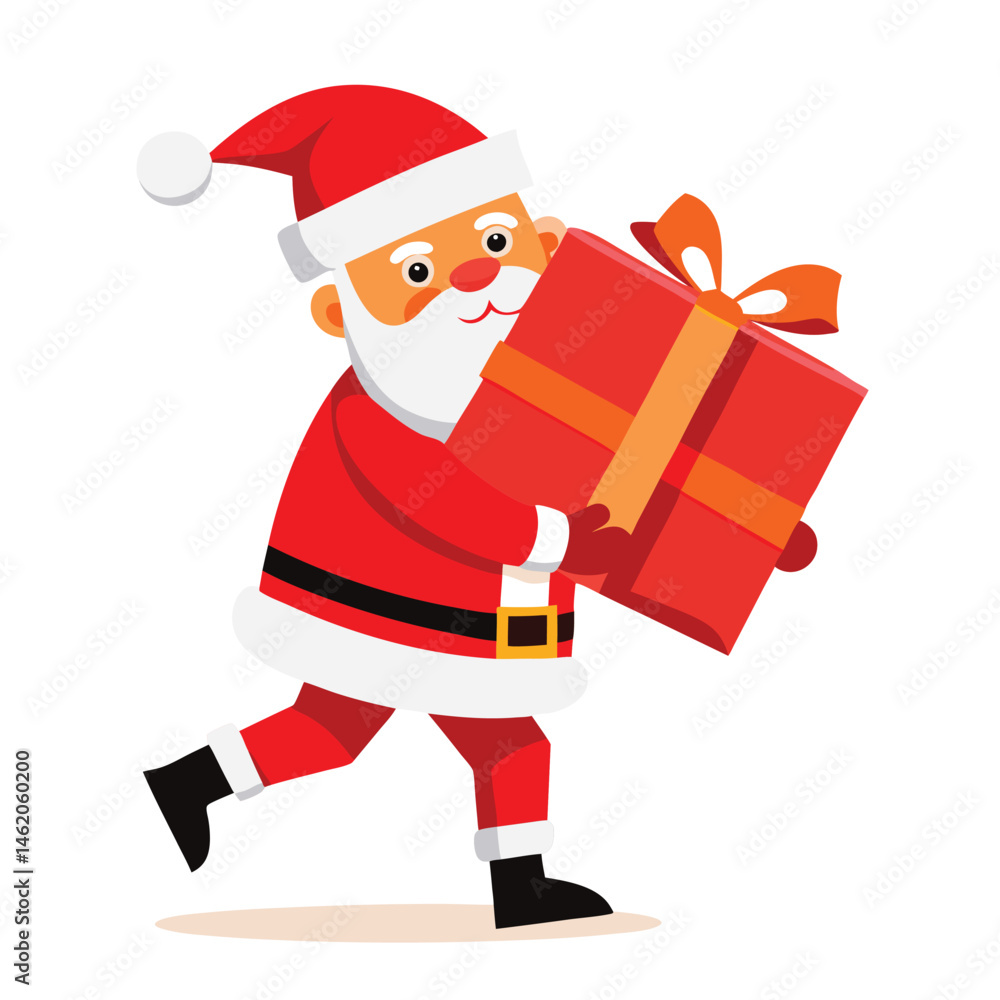 Santa Claus carrying a large red gift with a white bow on his back as he walks on white background Santa Claus carrying a large red gift with a white bow on his back as he walks on white background