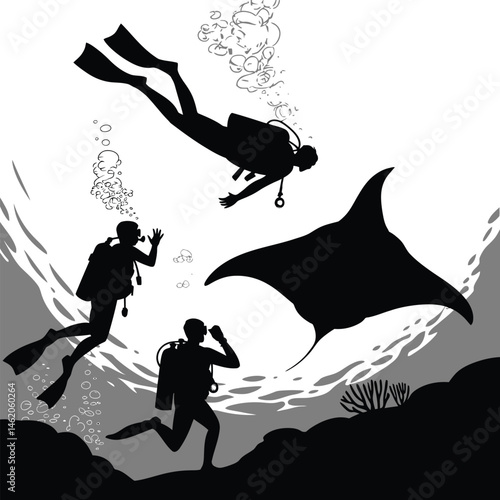 Hand-drawn scuba diver silhouettes vector illustration depicts a scuba diver 