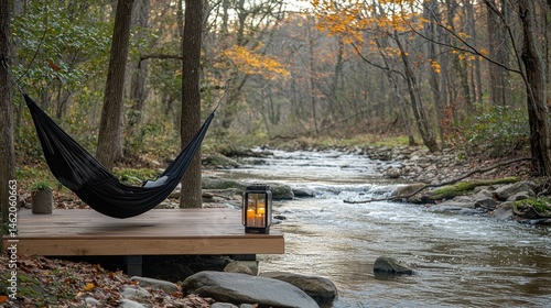 Tranquil forest retreat by a flowing stream