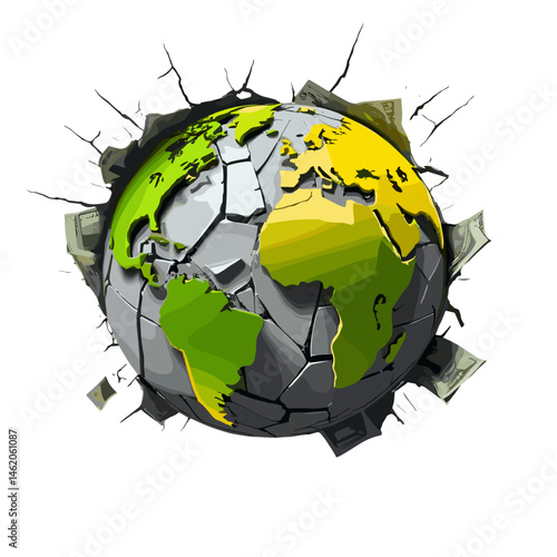 Cracked Earth globe, impactful mood, surrounded by money, concept of economy
