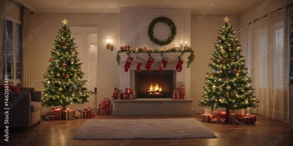 Twinkling lights illuminate a decorated Christmas tree in a living room , room, traditional