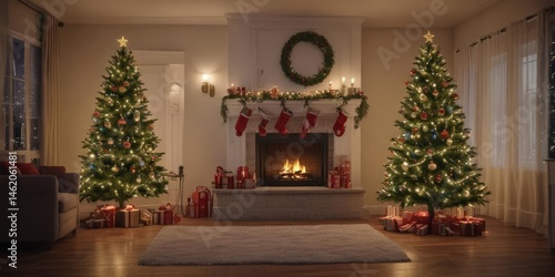 Twinkling lights illuminate a decorated Christmas tree in a living room ,  room,  traditional