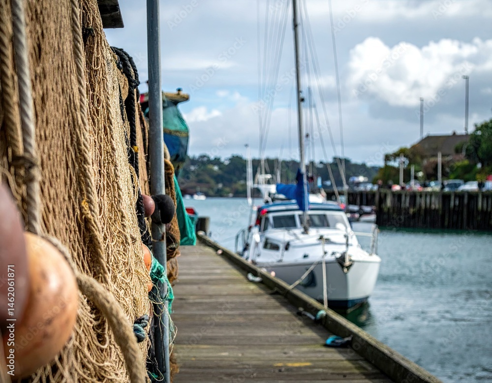 Obraz premium Fishing nets and ropes hang on a wooden dock, a sailboat is in the background. Coastal scenery, harbor view.