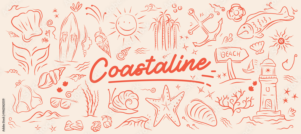 Fototapeta premium set of Red toned illustration of beach and sea life objects. Hand drawn beach doodle illustration design