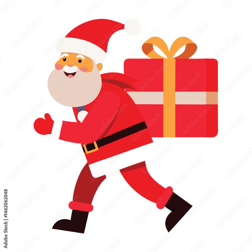 Santa Claus carrying a large red gift with a white bow on his back as he walks on white background Santa Claus carrying a large red gift with a white bow on his back as he walks on white background
