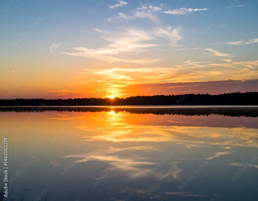 Obraz premium Serene sunset over a calm lake, reflecting the vibrant colors of the sky. Perfect for nature, travel, and relaxation themes.