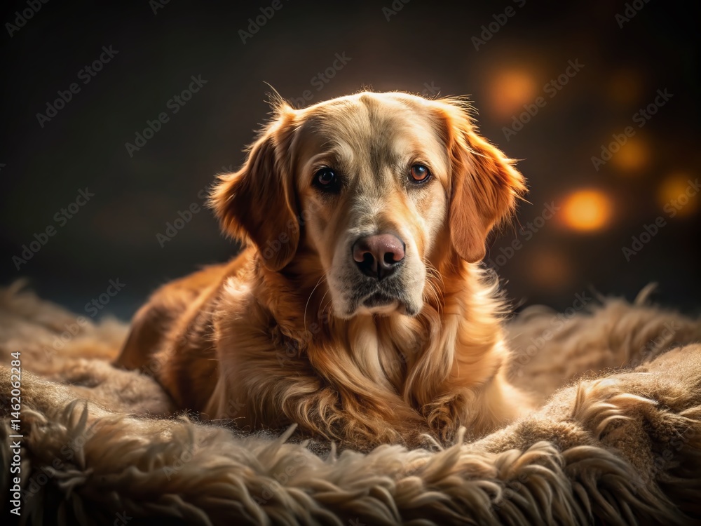 Obraz premium Adorable Fluffy Dog Relaxing on Blanket - Low Light Photography