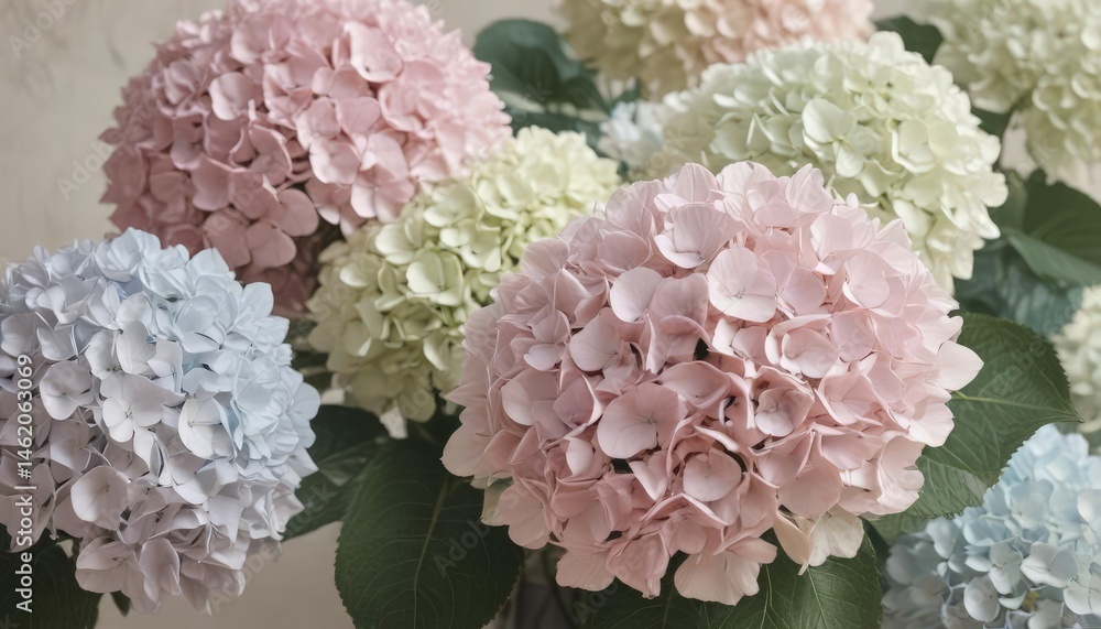 Elegant faux vintage hydrangeas, soft pastel hues, textured surface , decor, background, flowers