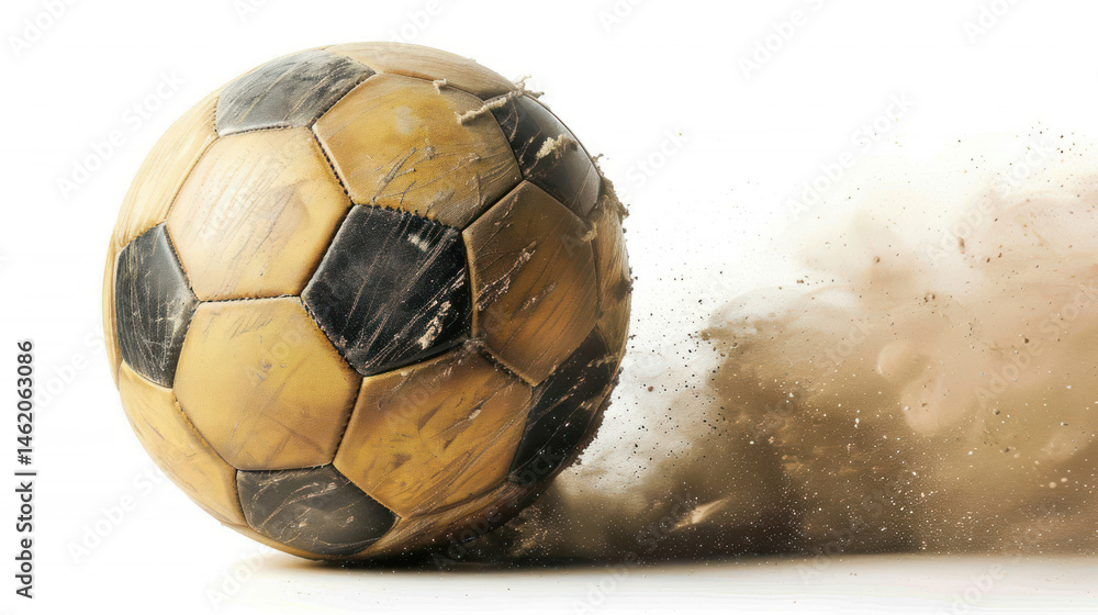 Naklejka premium A worn soccer ball rolling on a dusty surface, creating a cloud of dust in an outdoor sports setting, showcasing motion and excitement in play.