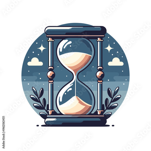 Stylized hourglass illustration with sand in a colorful and detailed vector design
