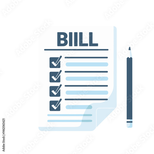 Stylized bill illustration with checkmarks and a pencil in a modern vector design