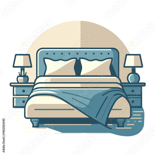 Stylized cozy bedroom illustration with a bed and bedside tables in a modern vector design