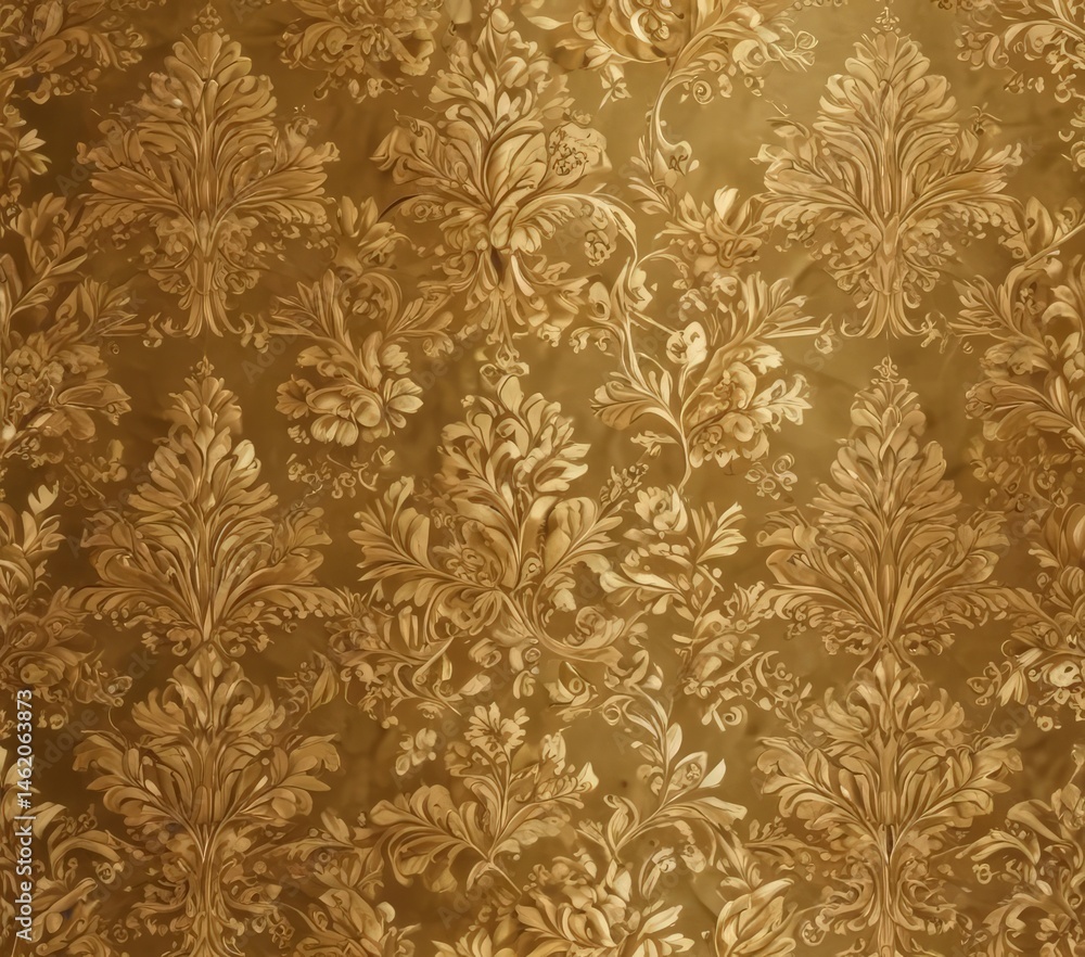 Luxurious golden damask Delicate floral & leaf motifs , design, acanthus, illustration