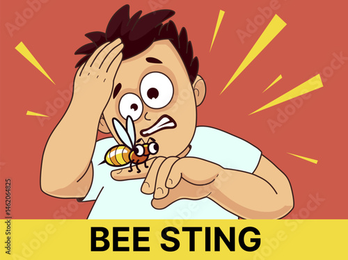 Bee sting. Healthcare illustration. Cartoon illustration. Vector illustration.