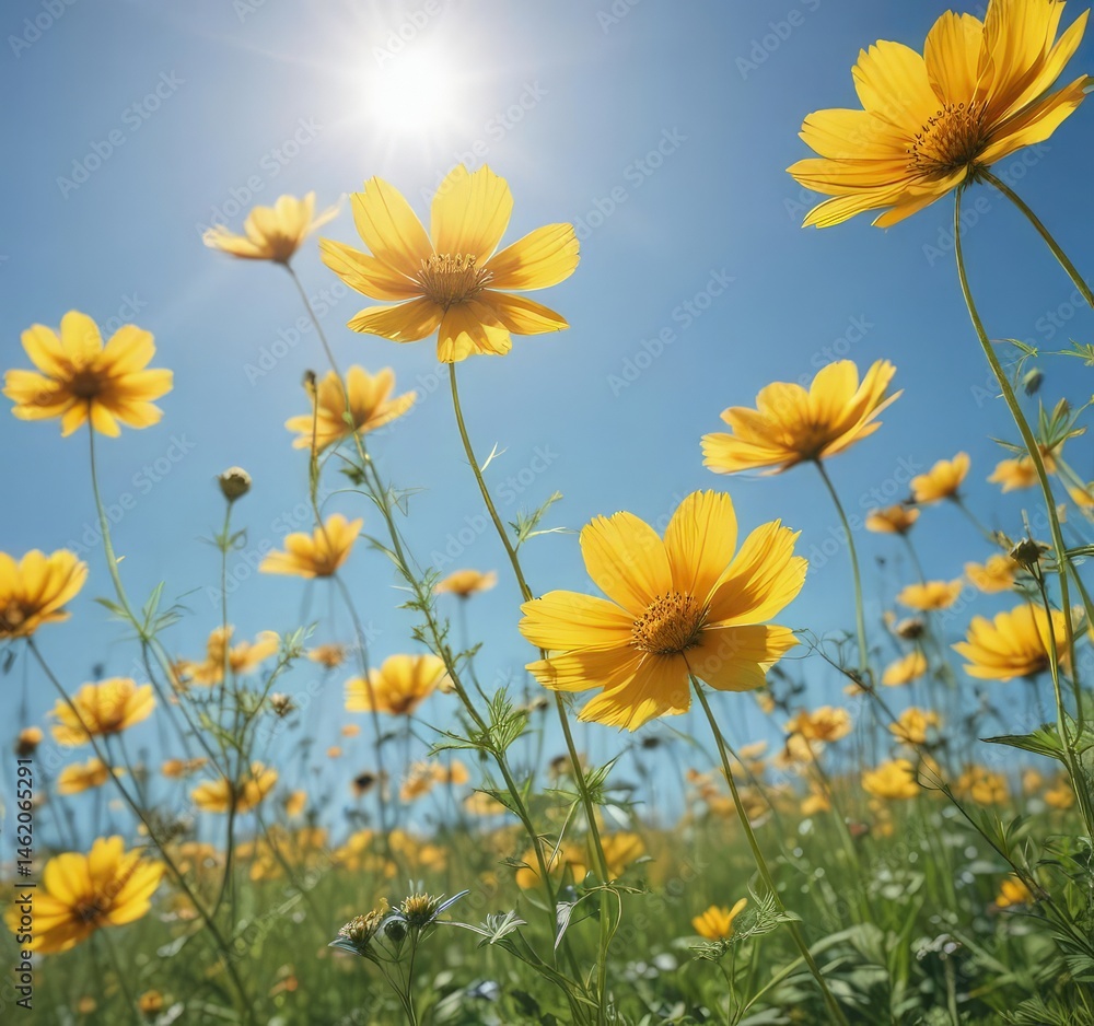 Vibrant yellow cosmos bathed in sunlight against a clear blue sky , plant, flora, blossom