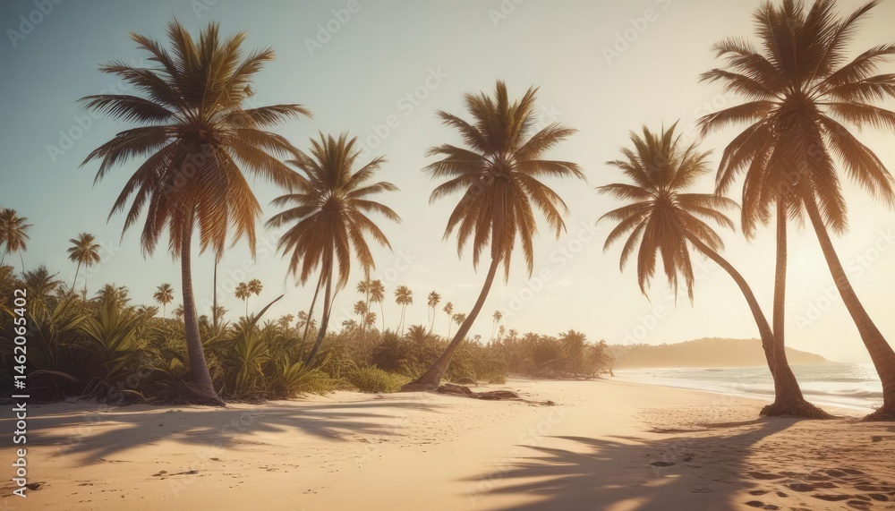 Sun-drenched palm trees fringe a vintage-toned sandy beach, film grain adds texture , golden, film flare, yellow