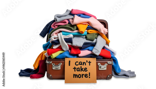 Overflowing suitcase with colorful clothes and humorous sign