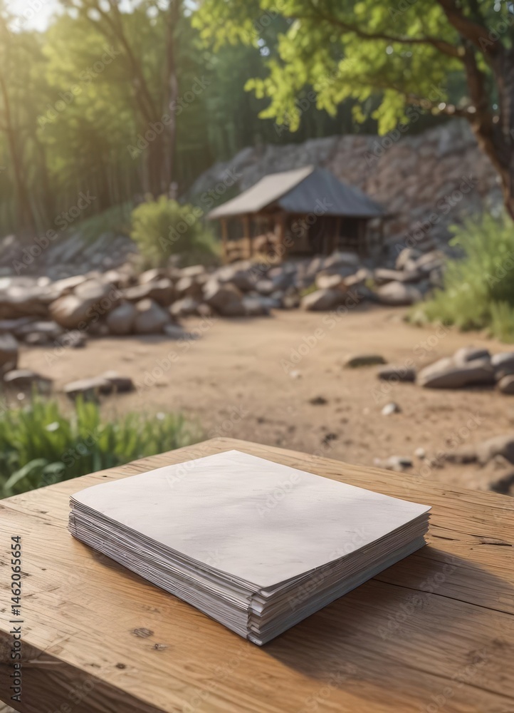 Blank landscape booklet mockup on rustic wooden table, blurred nature background, wooden, pamphlet, publication