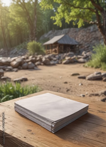 Obraz na płótnie Blank landscape booklet mockup on rustic wooden table, blurred nature background, wooden, pamphlet, publication w salonie