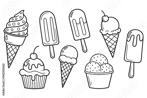 Continuous one line ice cream. Hand drawn soft serve frozen desserts, cold popsicles and sundaes vector illustration set