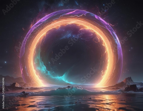 Obraz na płótnie Ethereal portal, cosmic waves distort its shimmering surface, vibrant hues , colors, vibrant, mystical w salonie
