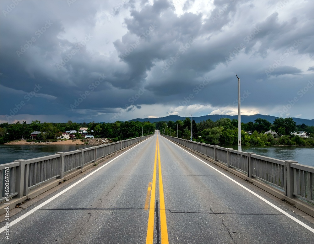 Fototapeta premium Scenic highway bridge over river under dramatic stormy sky. Perfect for travel, nature, and transportation themes.
