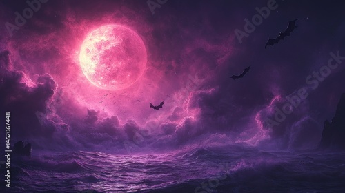 Dramatic Pink Moon Over Ocean with Bats and Stormy Clouds