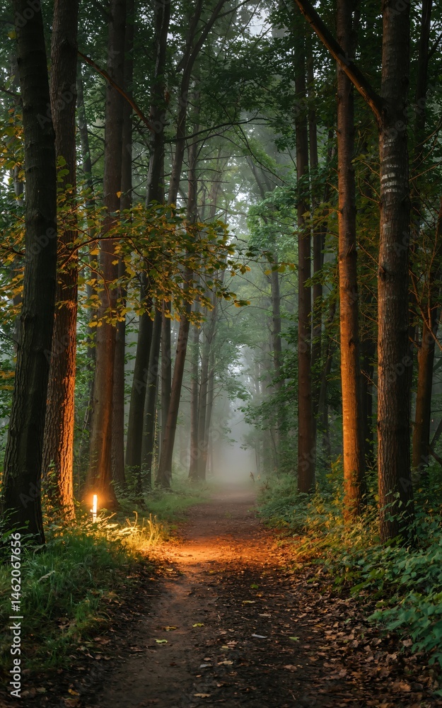 Obraz premium Cozy Forest Path with Golden Glow Through Dense Trees Mobile Phone Wallpaper Background