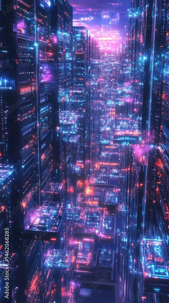 Obraz premium Futuristic city glowing at night, vibrant neon lights, digital cityscape.