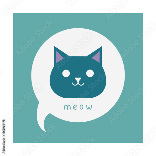 Cute teal cat head illustration with meow speech bubble for playful design elements