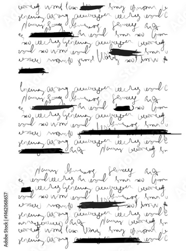 Hand write text letter or note with redacted marker. Handwritten scribble and script underline old paper. Edited draft of fake journal and poetry. Illegible ink sketch with scratch and strike lines