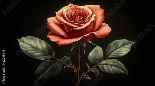 A rose is the main focus of the image, with its stem and leaves visible