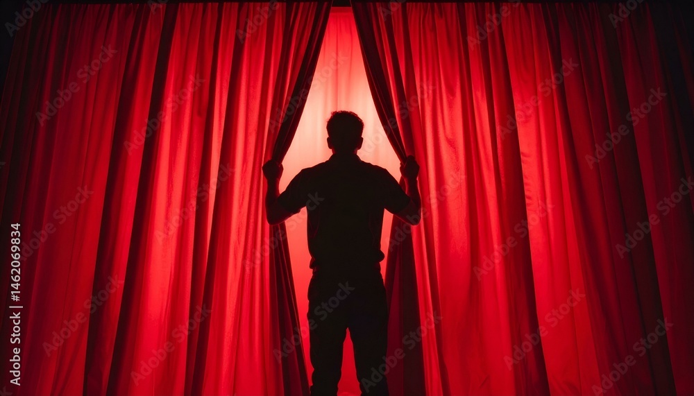 custom made wallpaper toronto digitalSilhouette of a person opening red curtains, revealing a bright light. A dramatic scene hinting at anticipation, mystery, or a new beginning.