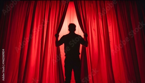 Wallpaper Mural Silhouette of a person opening red curtains, revealing a bright light.  A dramatic scene hinting at anticipation, mystery, or a new beginning. Torontodigital.ca