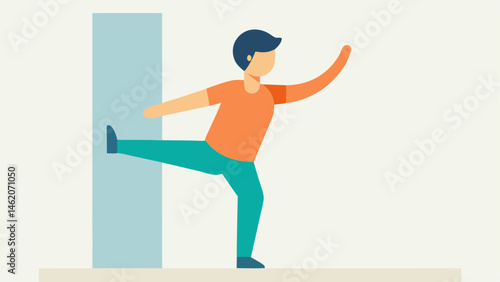 Gentle Balance A serene scene of a participant using a wall for support while practicing a standing pose symbolizing stability and balance in adaptive yoga.