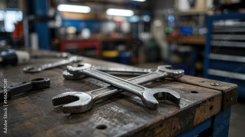 Fototapeta premium close-up of metal wrenches arranged on a worn wooden workbench in an industrial garage or mechanical repair shop, symbolizing manual labor and craftsmanship