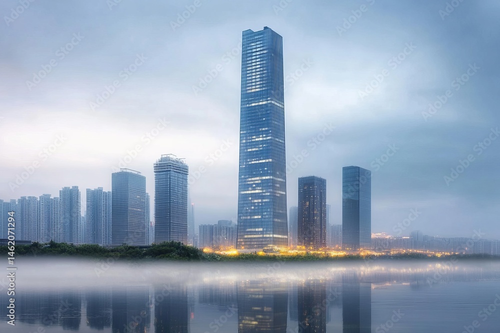 Obraz premium Modern skyscrapers rising through early morning mist at sunrise with autumn trees below in a serene urban cityscape