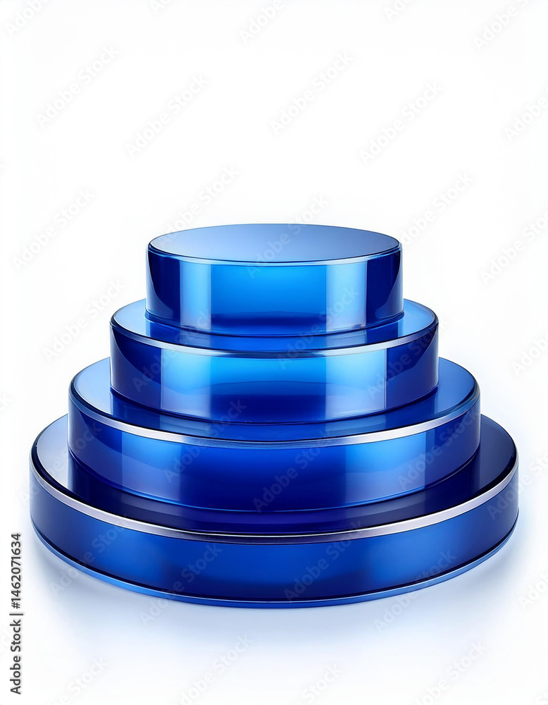 Blue glossy round podium with four levels on a white background. Stage for product, cosmetic, jewelry, or another item display. Blue glossy round podium with four levels on a white background. Stage for product, cosmetic, jewelry, or another item display.
