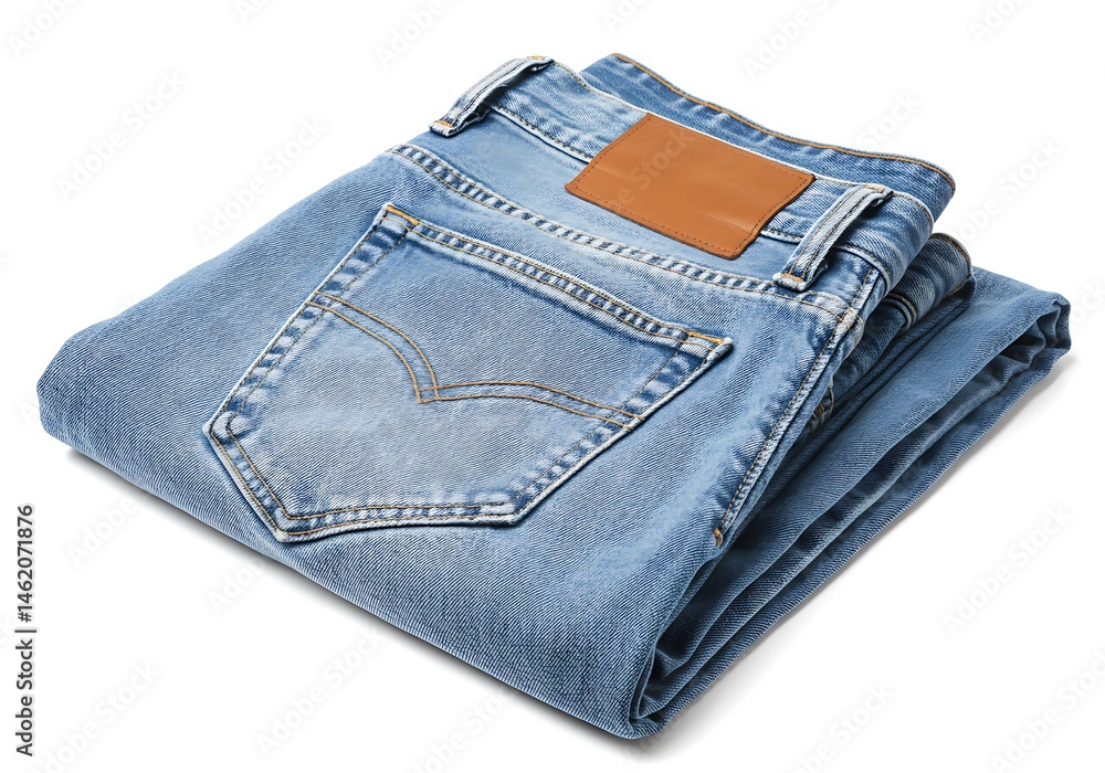 Folded light blue denim jeans with a brown leather patch on the back isolated on white background Folded light blue denim jeans with a brown leather patch on the back isolated on white background